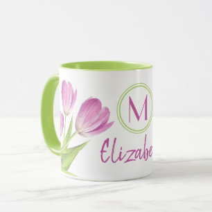 Caneca Monograma Floral Elegante de Tulipas Rosa bonito