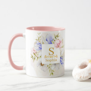 Caneca Monograma Floral em Aquarela I Inicial Dourada Per