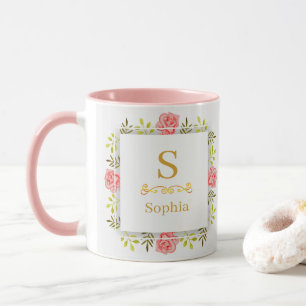 Caneca Monograma Floral em Aquarela I Inicial Dourada Per