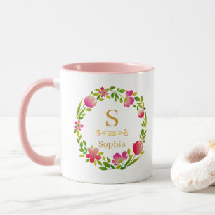 Caneca Monograma Floral em Aquarela I Inicial Dourada Per
