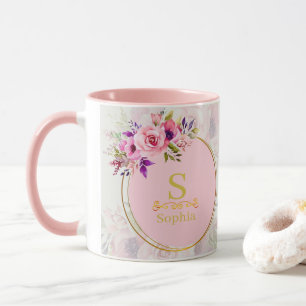 Caneca Monograma Floral em Aquarela I Inicial Dourada Per