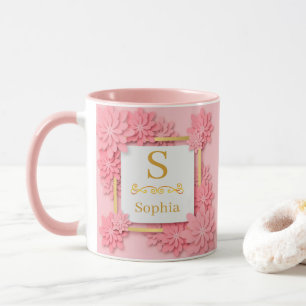 Caneca Monograma Floral em Aquarela I Inicial Dourada Per