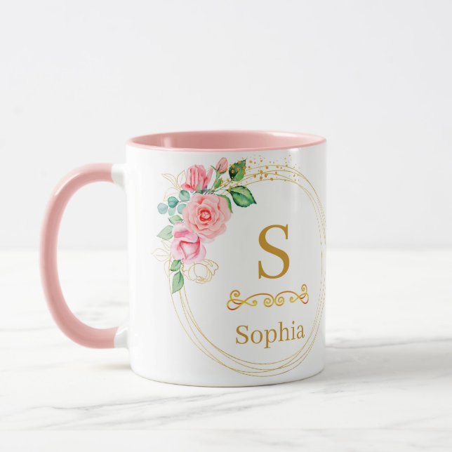 Caneca Monograma Floral em Aquarela I Inicial Dourada Per (Esquerda)