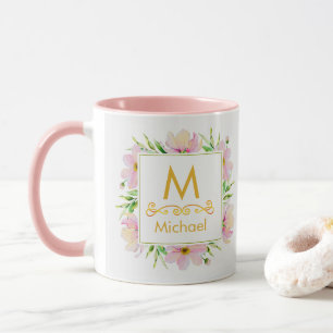 Caneca Monograma Floral em Aquarela I Inicial e Nome em D