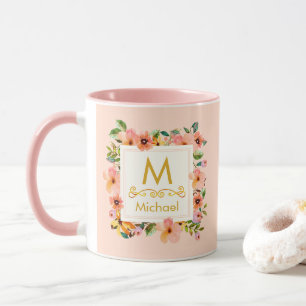 Caneca Monograma Floral I Nome Personalizado e Presente c