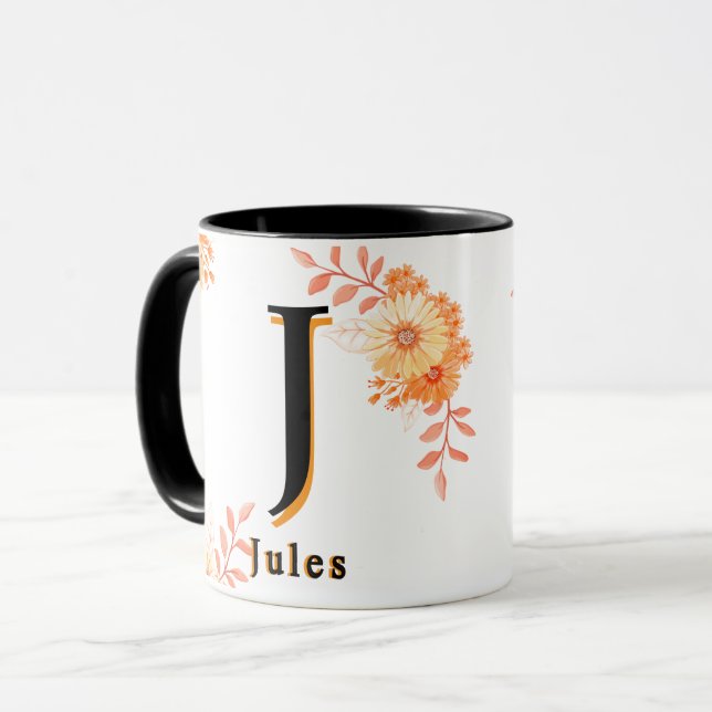 Caneca Monograma Floral Mug - Letra Elegante J Café Cup (Frente Esquerda)