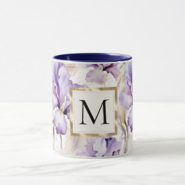 Caneca Monograma Floral Romântico Branco Roxo Íris