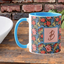 Monograma Floral Rosa Azul Estilo William Morris