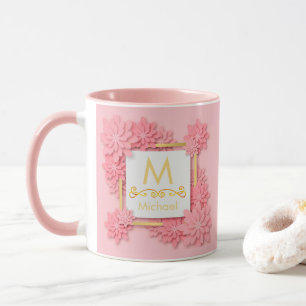 Caneca Monograma Floral Rosa I Inicial e Nome Dourado Per