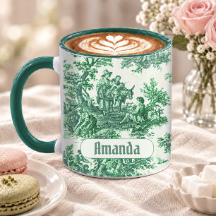 Caneca Monograma Floral Toile Verde Vintage Elegante