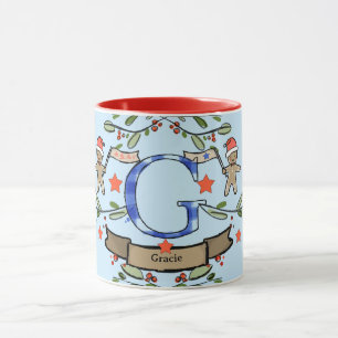 Caneca Monograma "G" de Natal Retro Bonito com Nome