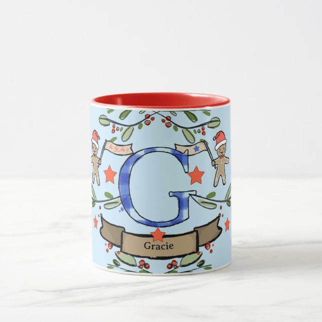 Caneca Monograma "G" de Natal Retro Bonito com Nome (Centro)
