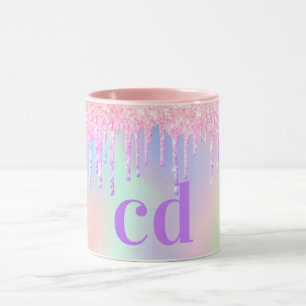 Caneca Monograma holográfico cor-de-rosa com brilho púrpu