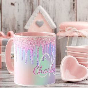 Caneca Monograma holográfico unicórnio glitter nome arc