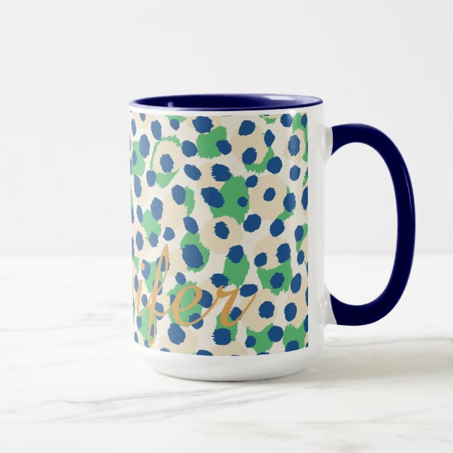 Caneca Monograma impressão de chic verde-azul-guepardo (Direita)