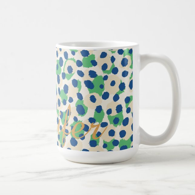 Caneca Monograma impressão de chic verde-azul-guepardo (Direita)