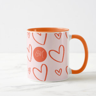 Caneca Monograma inicial - cor-de-rosa laranja e corações