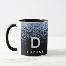 Caneca Monograma inicial de brilho preto e azul moderno