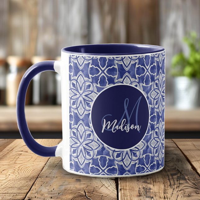 Caneca Monograma inicial de cinzas azul-na moda (Criador carregado)