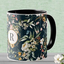 Caneca Monograma inicial, Vintage Watercolor Florals Comb