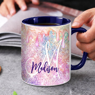 Caneca Monograma iridescente de unicórnio rosa com brilho