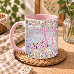 Caneca Monograma iridescente falso dourado fofo com glitt