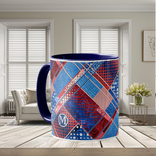 Caneca Monograma Jeans Azuis Patchwork Mug
