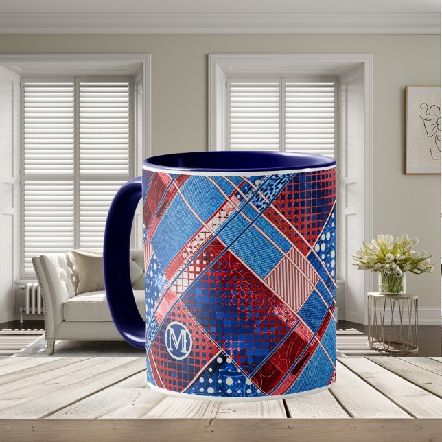 Caneca Monograma Jeans Azuis Patchwork Mug (Mug featuring your monogram (optional) on a blue jeans based patterned patchwork or quilting design)