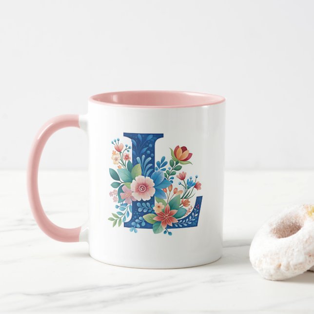 Caneca Monograma L azul com flores (Com Donut)