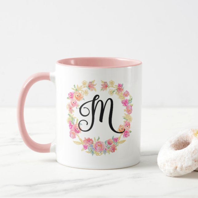Caneca Monograma (M), Cor - de - rosa, com coroa (Com Donut)