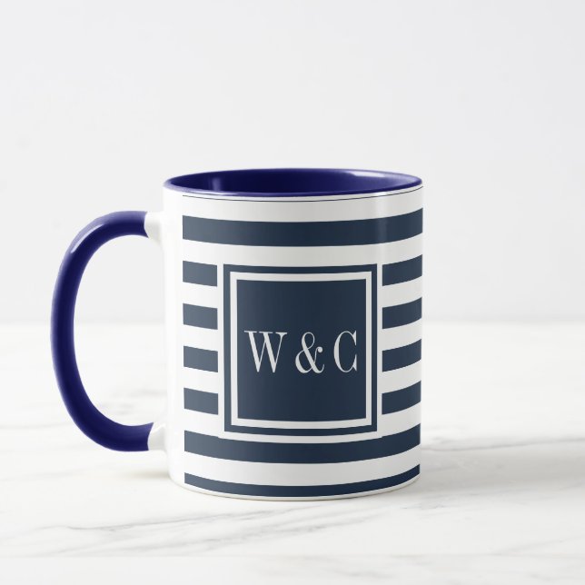 Caneca Monograma marinho Azul e Stripe Branca (Esquerda)