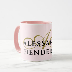 Caneca Monograma Minimalista Rosa Pastel Dourado Preto El