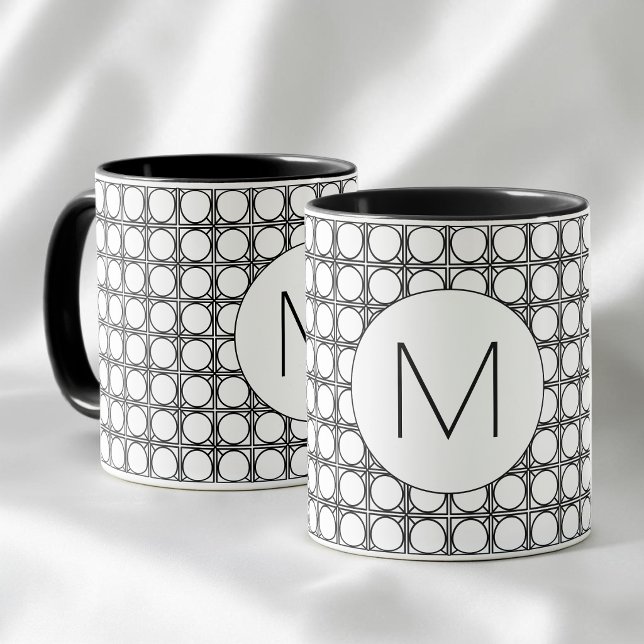 Caneca Monograma Moderno em Preto e Branco com Padrão de  (Modern Black and White Rattan Pattern Monogram Mug)