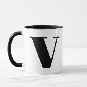Caneca Monograma Moderno - Letra Inicial V Preto e Branco