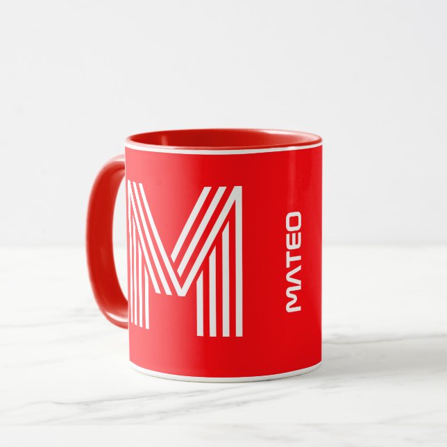 Caneca Monograma Moderno & Nome | Café de Cerâmica Vermel (Frente Esquerda)