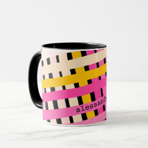 Caneca Monograma Moderno Xadrez Rosa Amarelo Preto Fofo