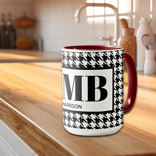 Caneca Monograma-Nome Preto & Branco Houndstooth 15oz Com (Criador carregado)
