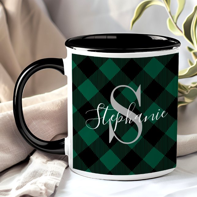 Caneca Monograma Nome Rústico em Xadrez Verde Búfalo (Criador carregado)