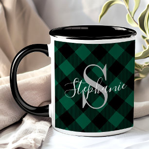 Caneca Monograma Nome Xadrez Búfalo Verde Rústico