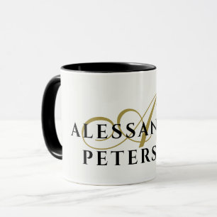 Caneca Monograma Ouro Branco Nome Preto Minimalista Elega