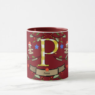 Caneca Monograma "P" de Natal Retro Bonito com o nome