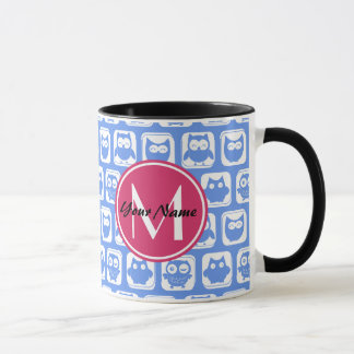 Caneca Monograma Personalizado de Padrão de Coruja Azul C
