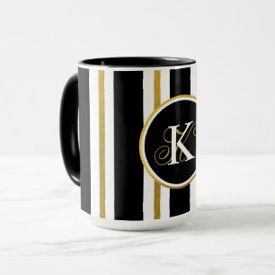 Caneca Monograma Personalizado de Stripes Negras e Dourad