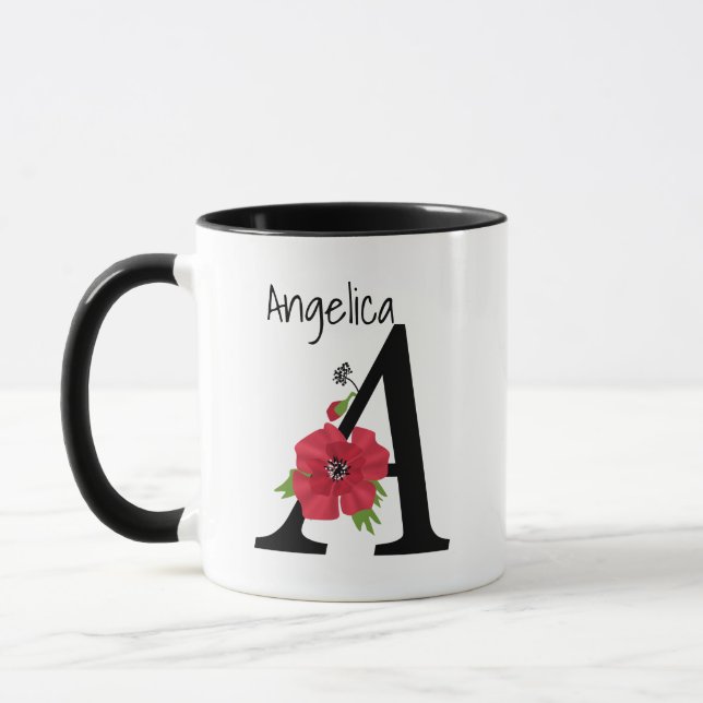Caneca Monograma personalizado editável Uma flor vermelha (Esquerda)