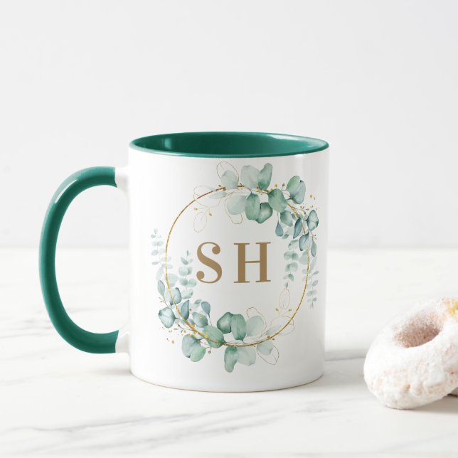 Caneca Monograma Personalizado em Dourado Botânico para C (Com Donut)