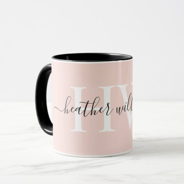Caneca Monograma Personalizado Rosa Branco Pastel Macio L (Frente Esquerda)