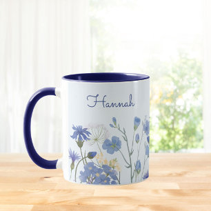 Caneca Monograma Prado de Flores Silvestres Aquarela Azul