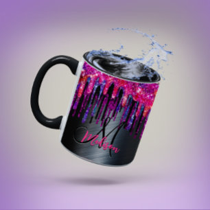 Caneca Monograma preto quente, cor-de-rosa, pingos azuis