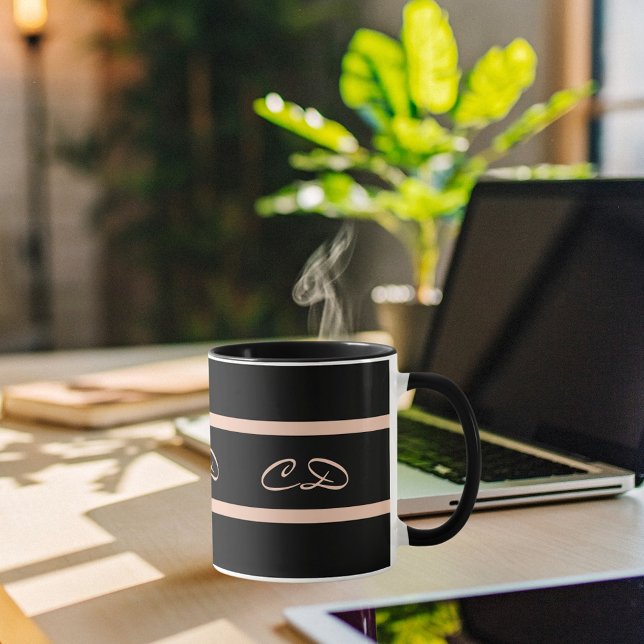 Caneca Monograma preto rosa - monograma - texto elegante (Criador carregado)