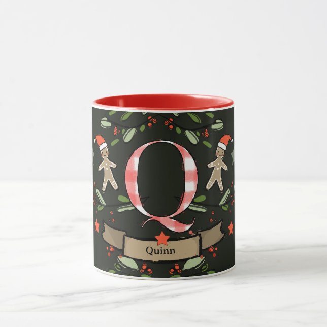 Caneca Monograma "Q" de Natal Retro Bonito com o nome (Centro)